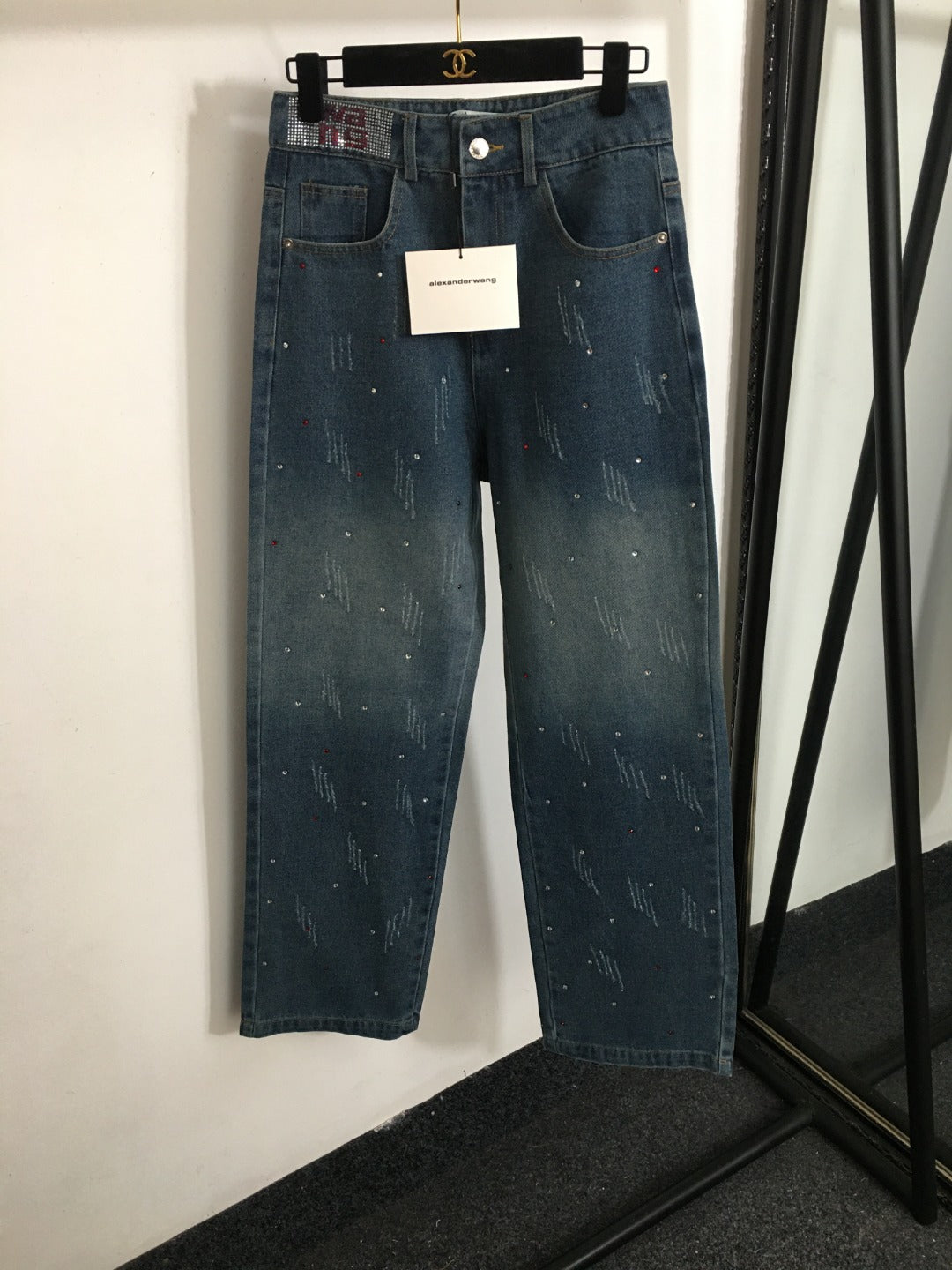 AW rhinestone distressed high-rise jeans