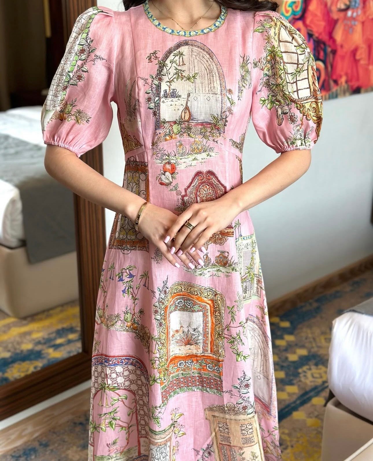 ZIM*European and American flower print puff short sleeve dress