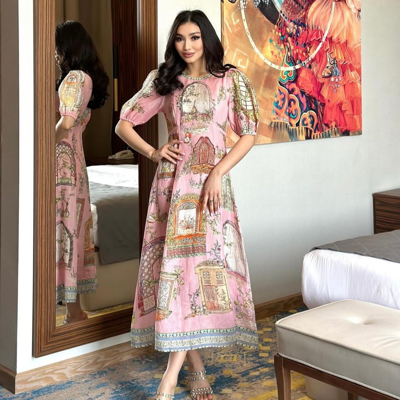 ZIM*European and American flower print puff short sleeve dress