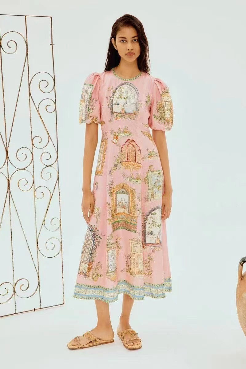 ZIM*European and American flower print puff short sleeve dress