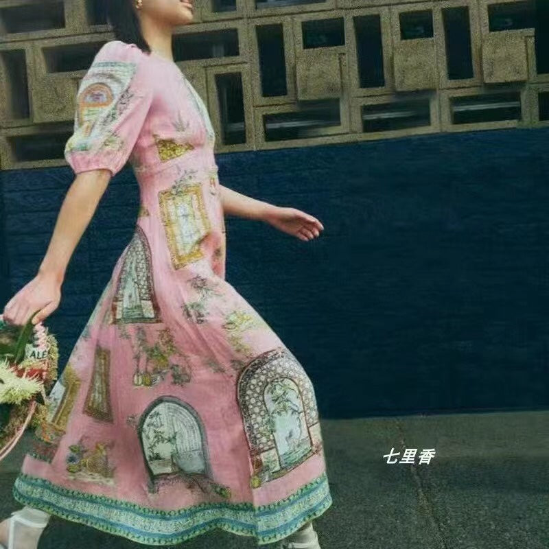 ZIM*European and American flower print puff short sleeve dress