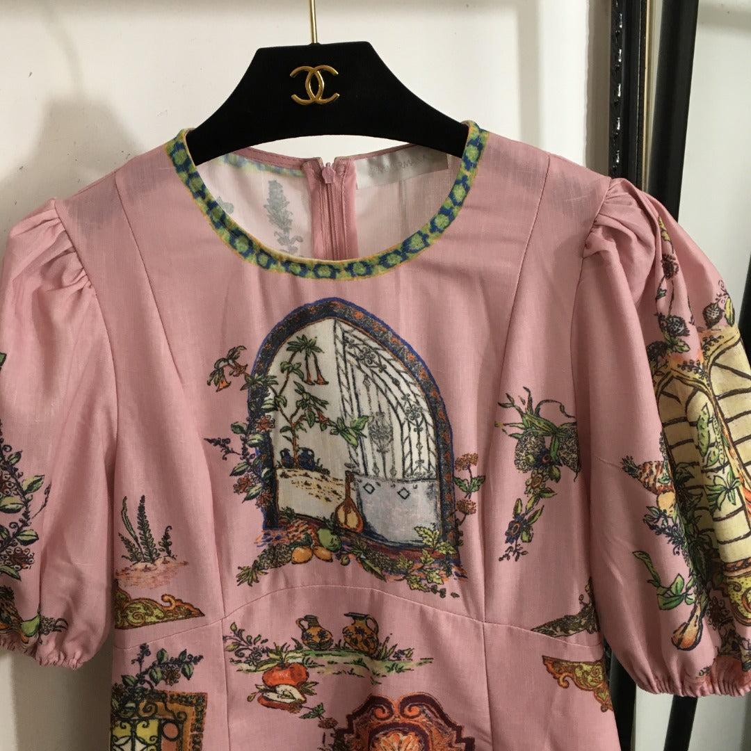 ZIM*European and American flower print puff short sleeve dress