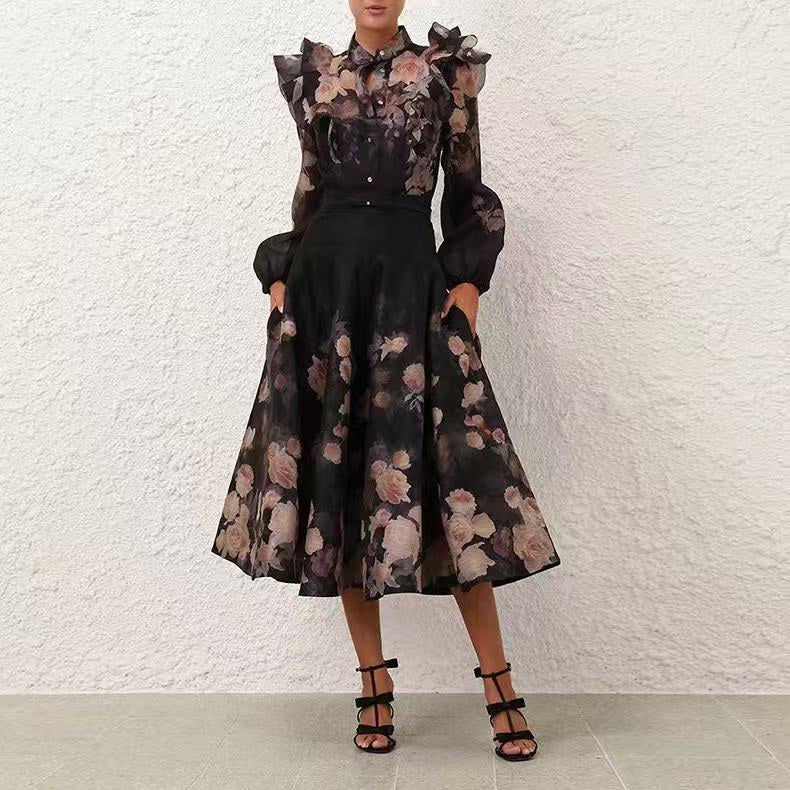 ZIM*Ruffled stand collar shirt + high waist skirt
