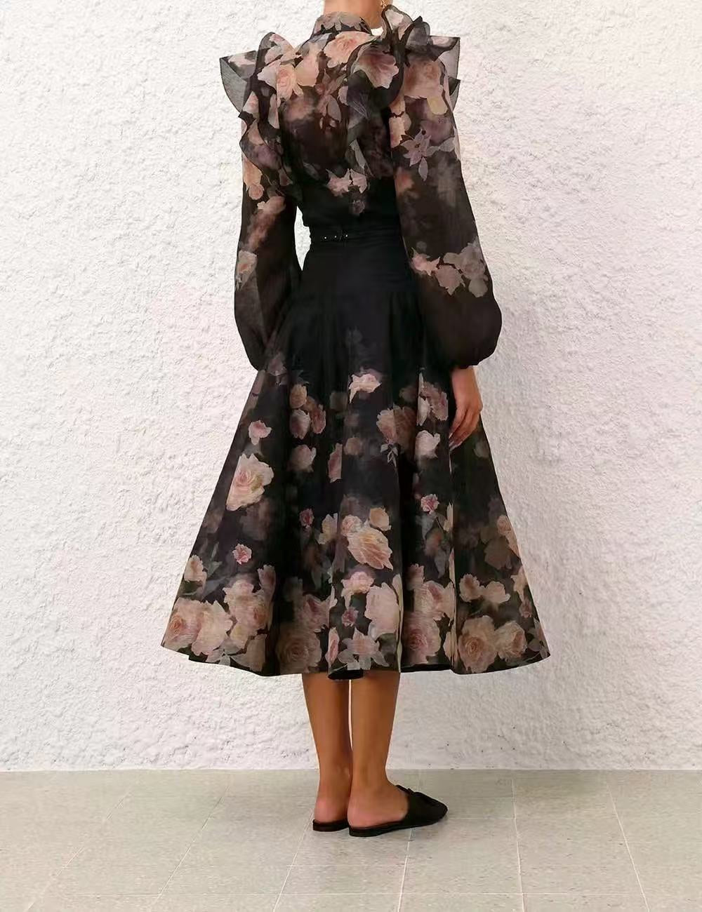 ZIM*Ruffled stand collar shirt + high waist skirt