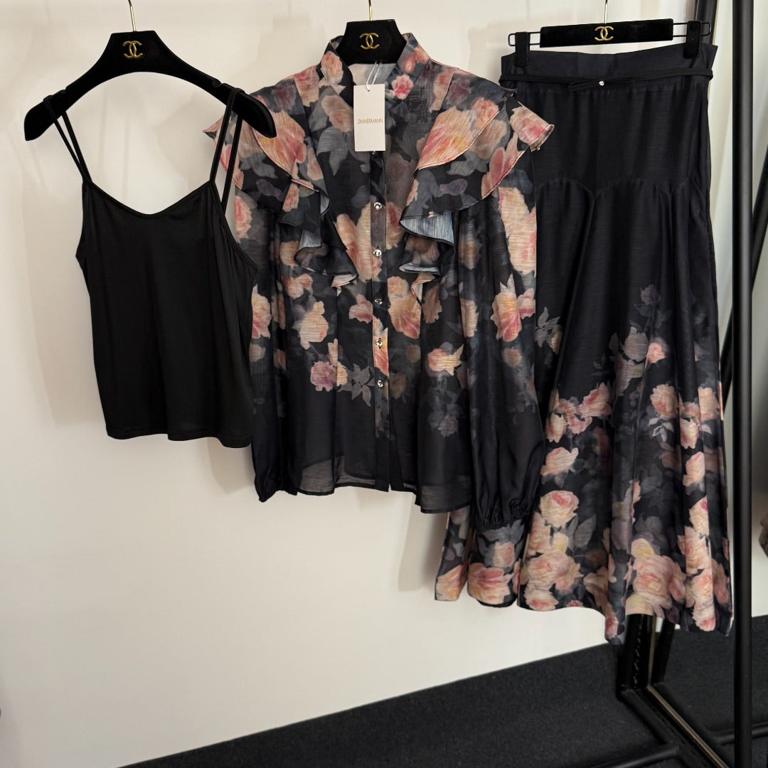 ZIM*Ruffled stand collar shirt + high waist skirt
