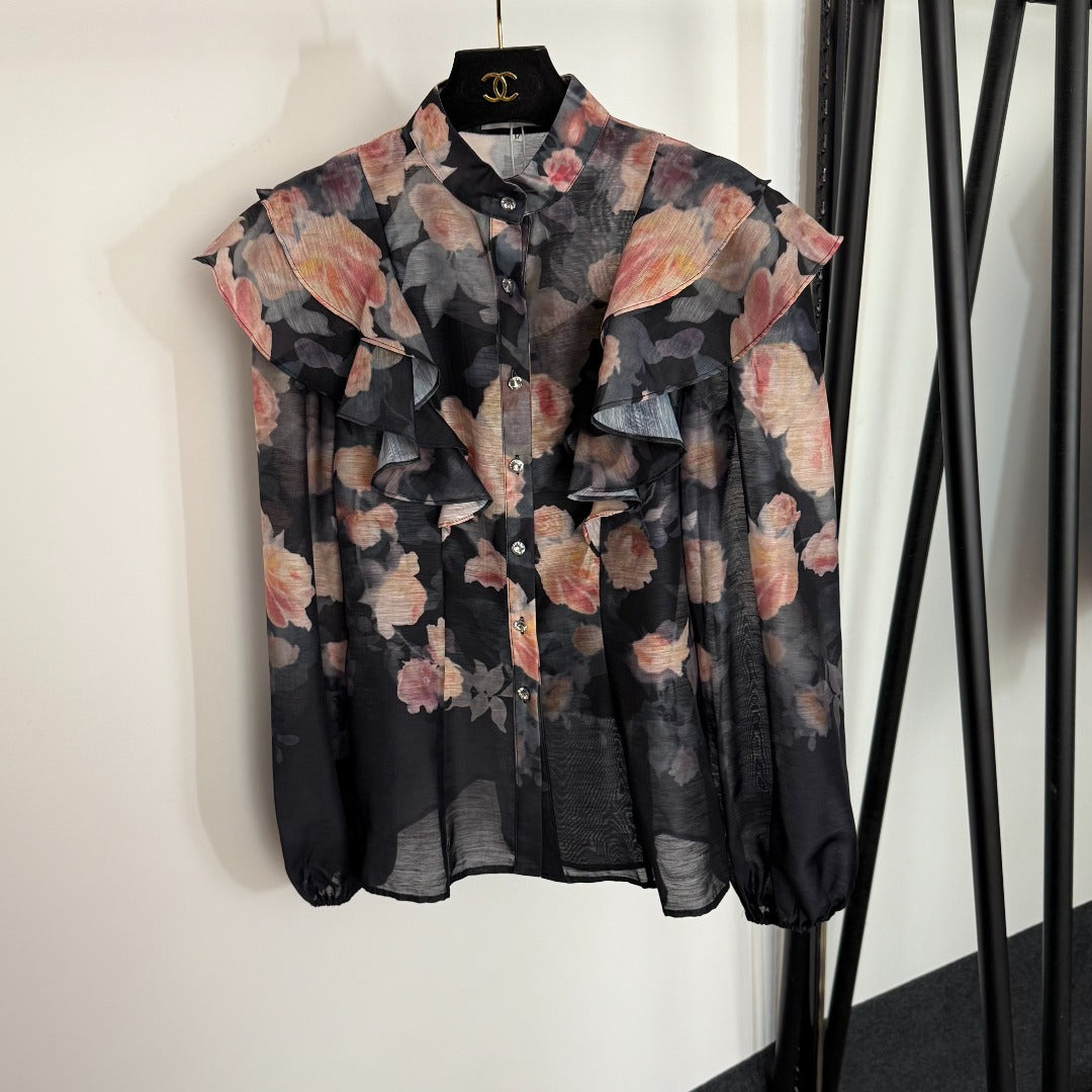 ZIM*Ruffled stand collar shirt + high waist skirt