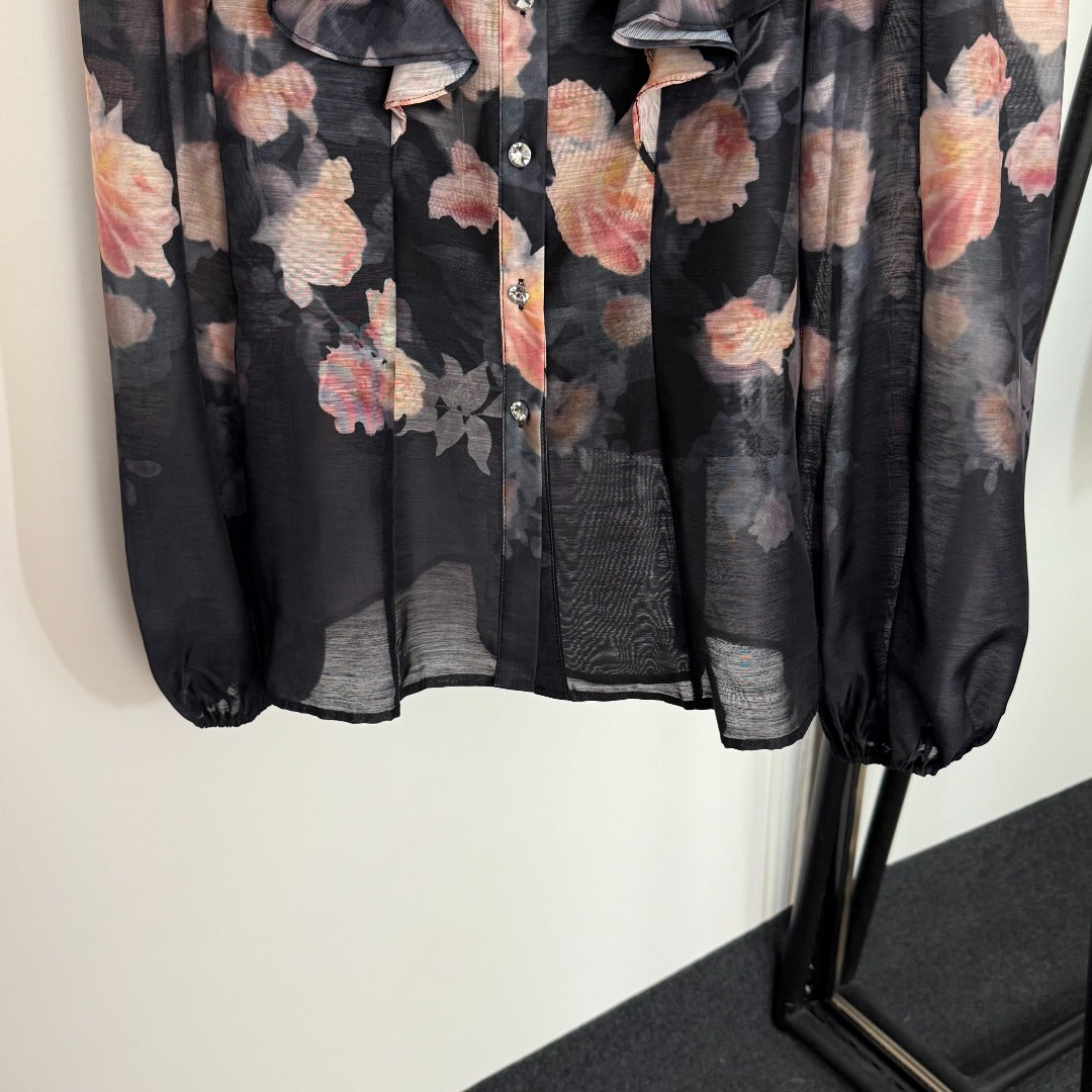 ZIM*Ruffled stand collar shirt + high waist skirt