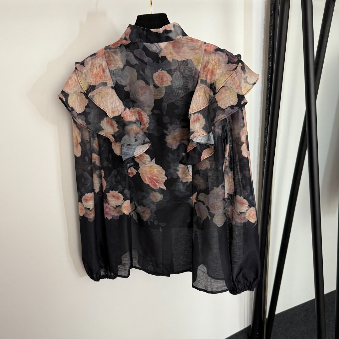 ZIM*Ruffled stand collar shirt + high waist skirt