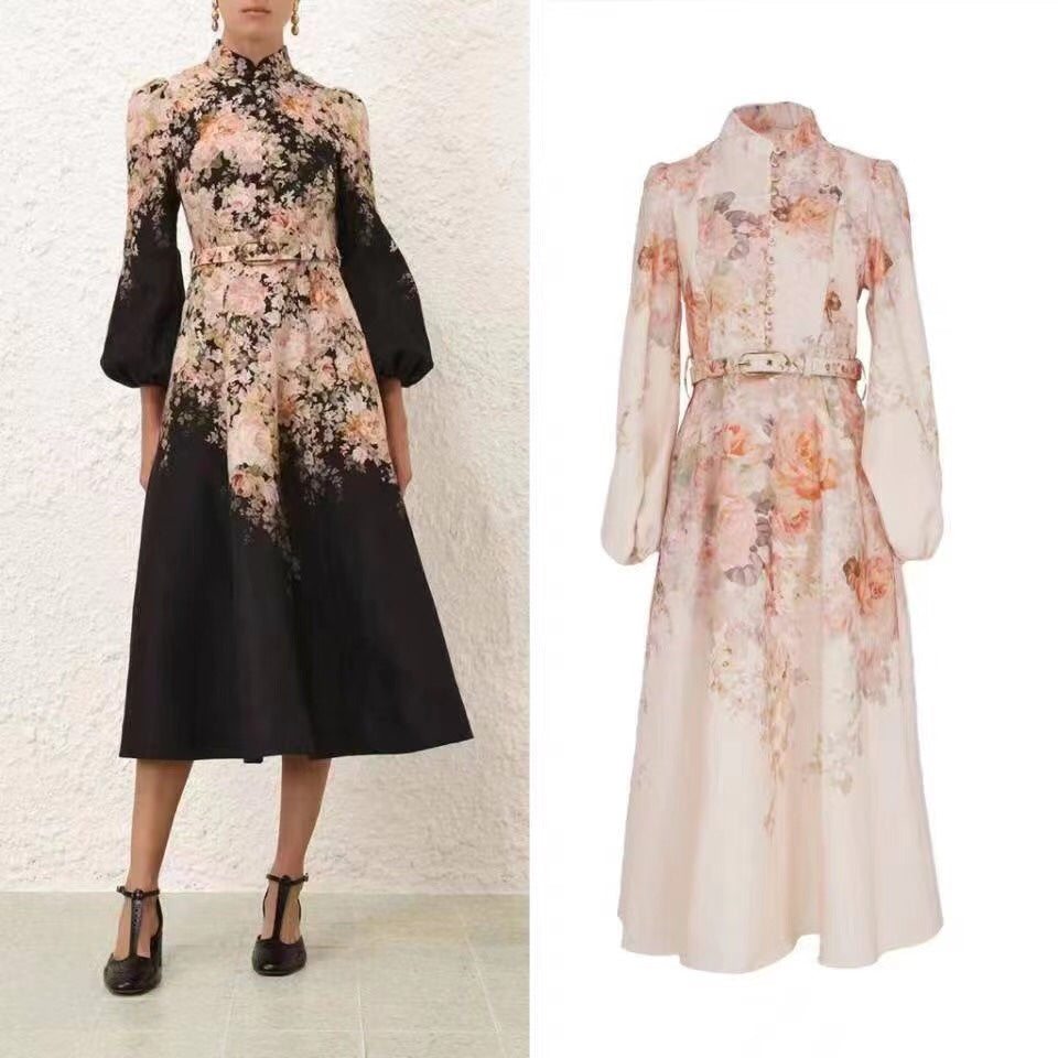 ZIM*Stand-up collar waist lantern long-sleeved dress