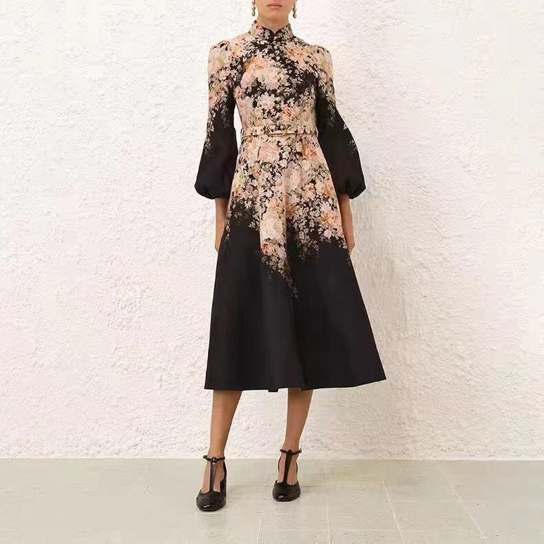 ZIM*Stand-up collar waist lantern long-sleeved dress