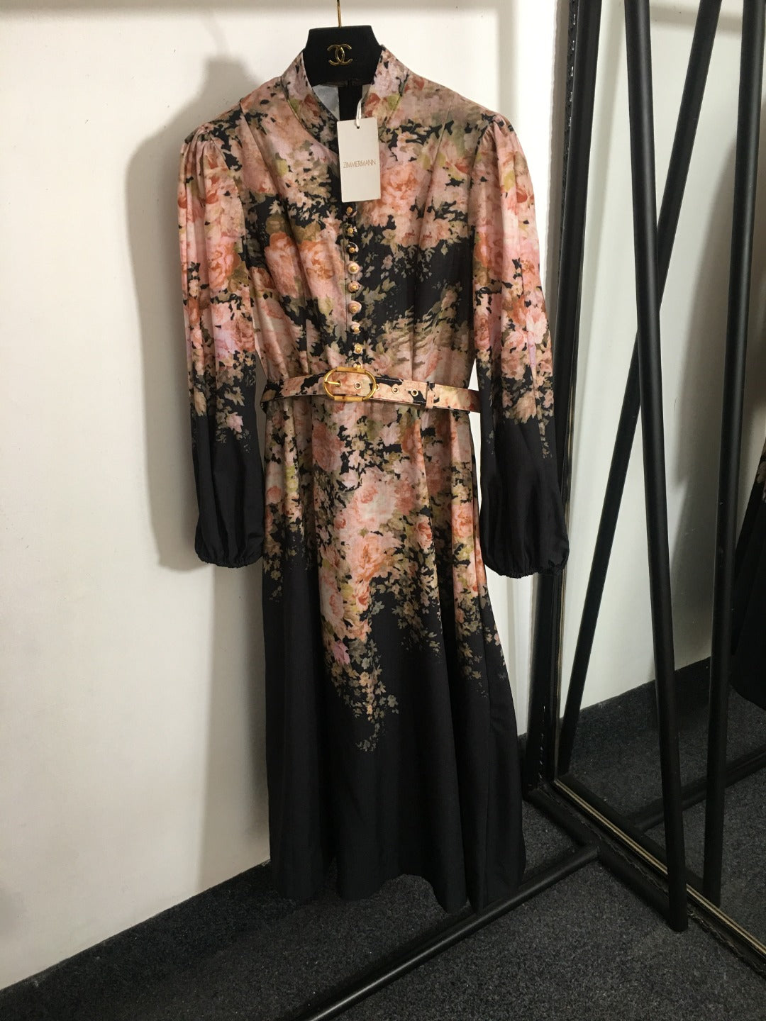 ZIM*Stand-up collar waist lantern long-sleeved dress