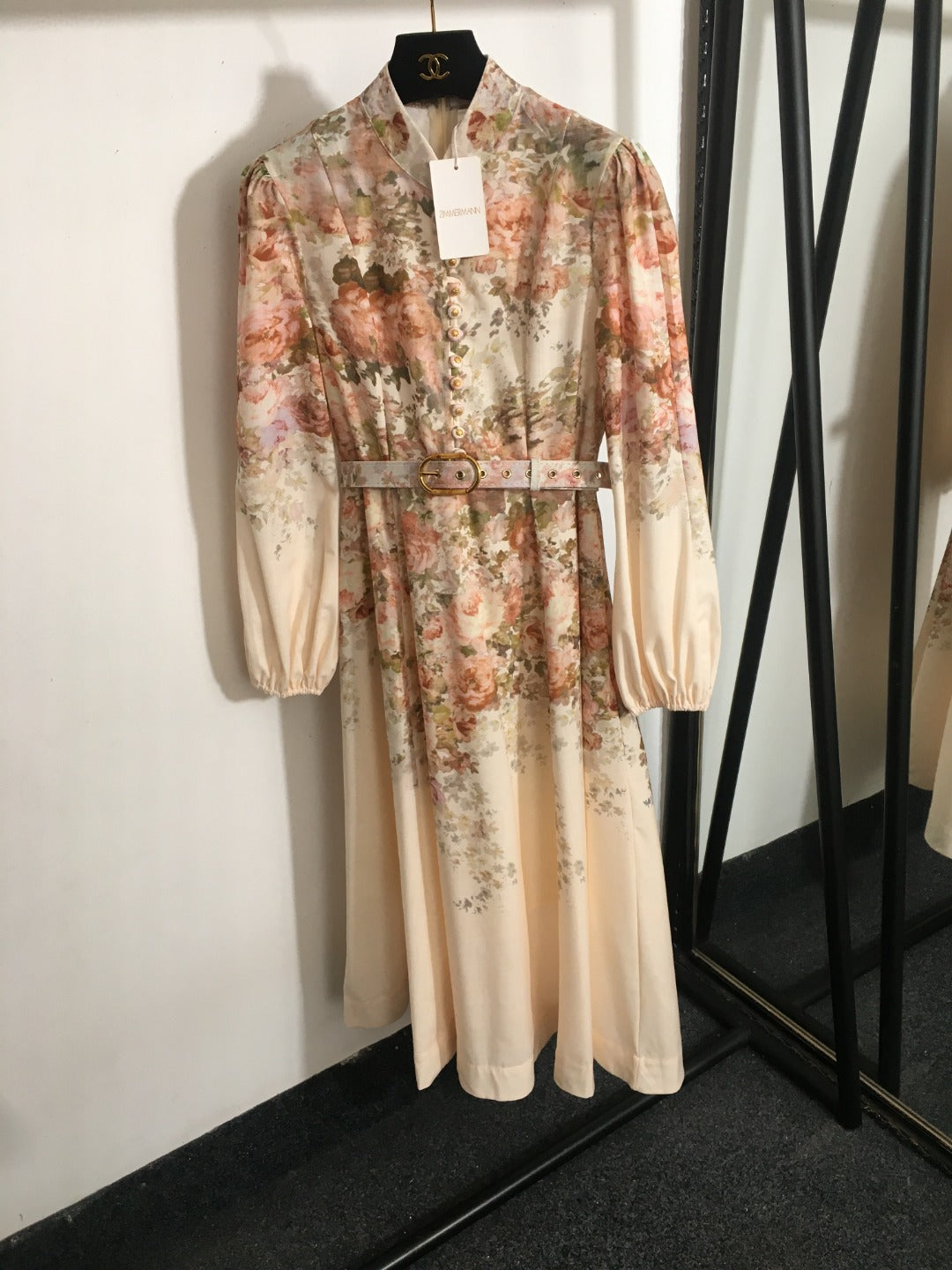 ZIM*Stand-up collar waist lantern long-sleeved dress
