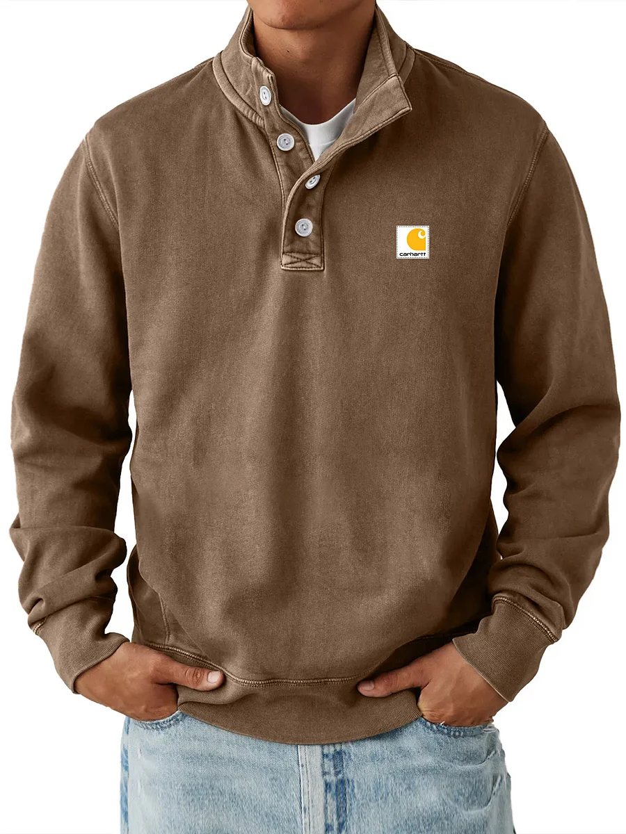 Men's Casual Stand Collar Button Solid Color Comfortable Sweatshirt