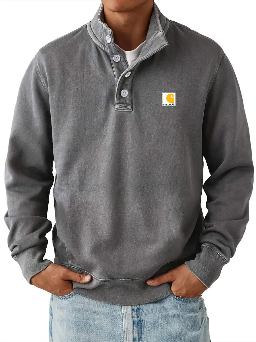 Men's Casual Stand Collar Button Solid Color Comfortable Sweatshirt