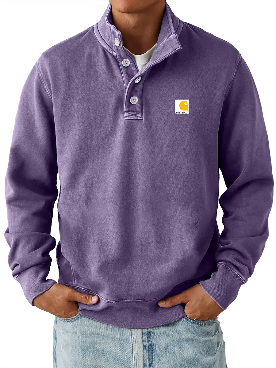Men's Casual Stand Collar Button Solid Color Comfortable Sweatshirt