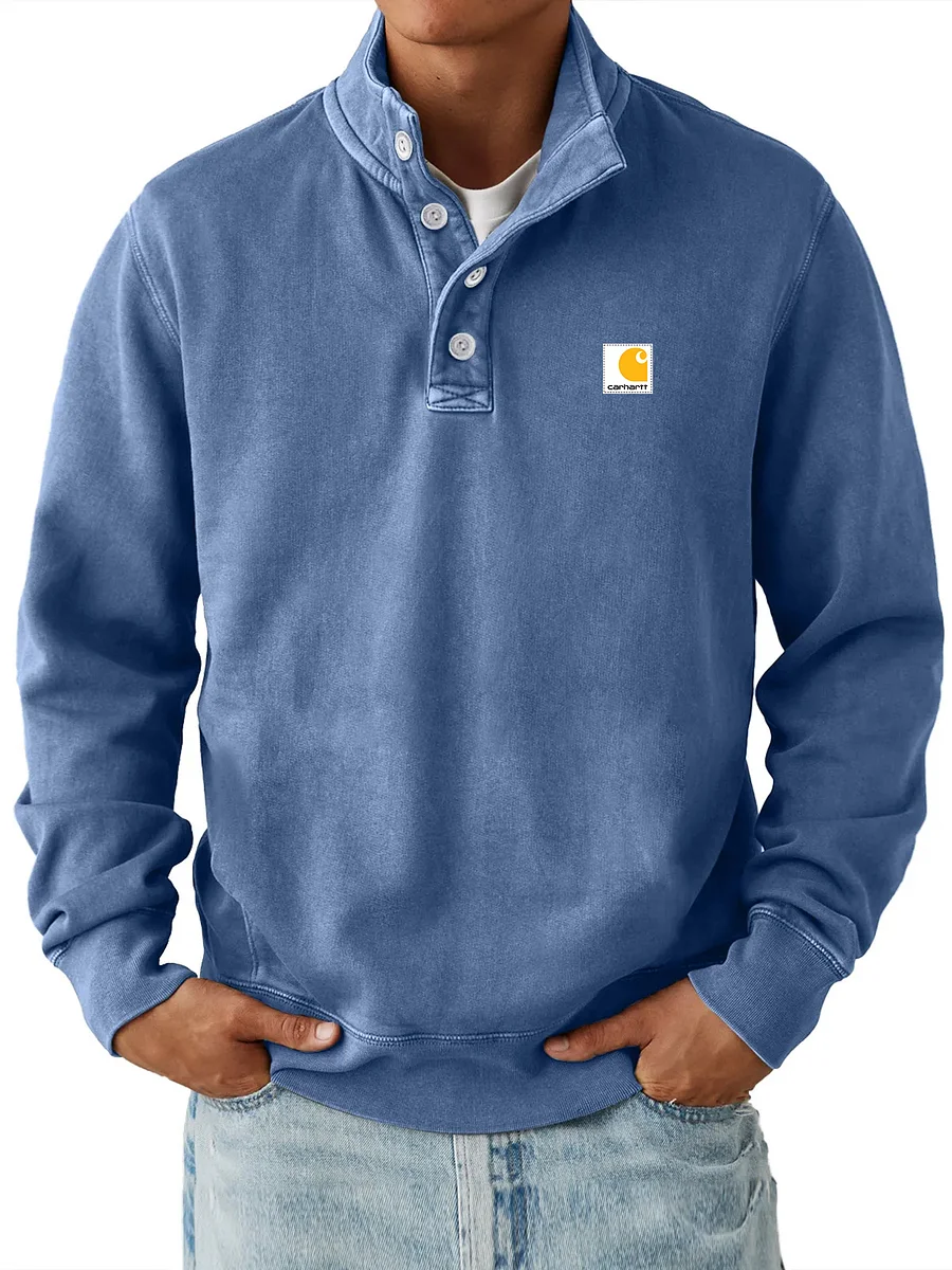 Men's Casual Stand Collar Button Solid Color Comfortable Sweatshirt