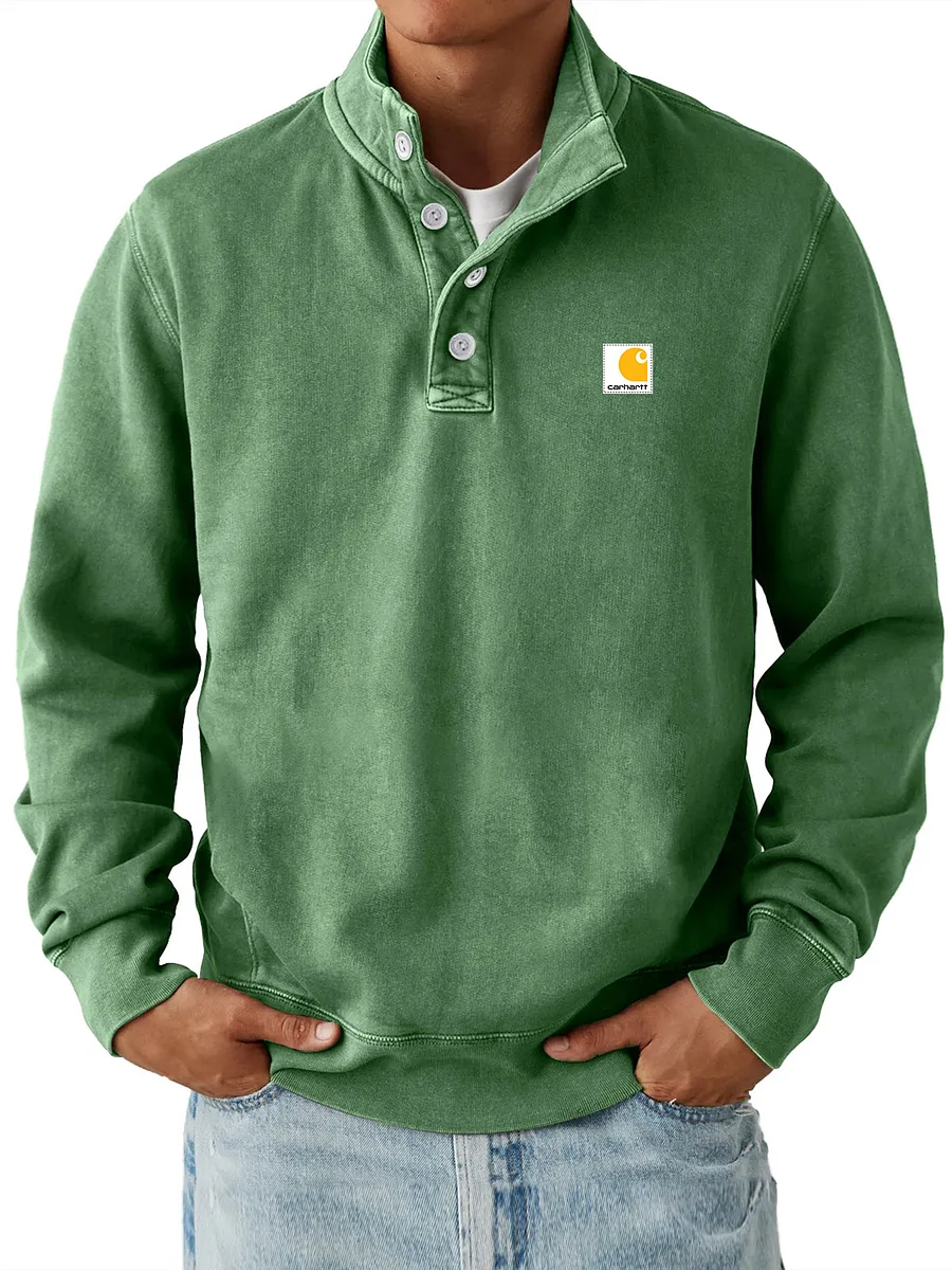 Men's Casual Stand Collar Button Solid Color Comfortable Sweatshirt