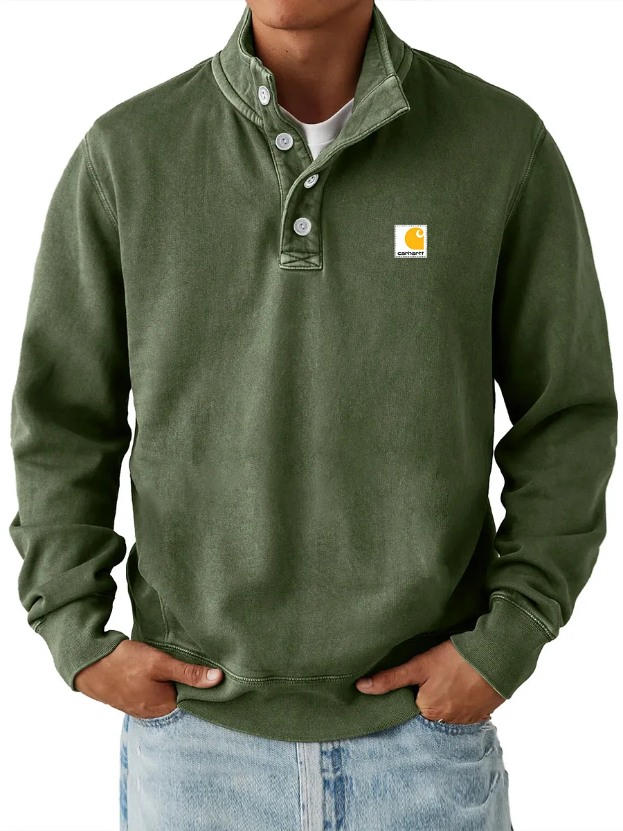 Men's Casual Stand Collar Button Solid Color Comfortable Sweatshirt