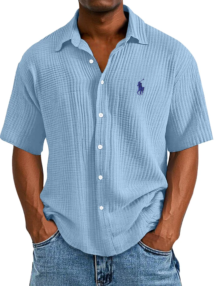 Camisa masculina casual, solta e confortável, texturizada, de manga curta