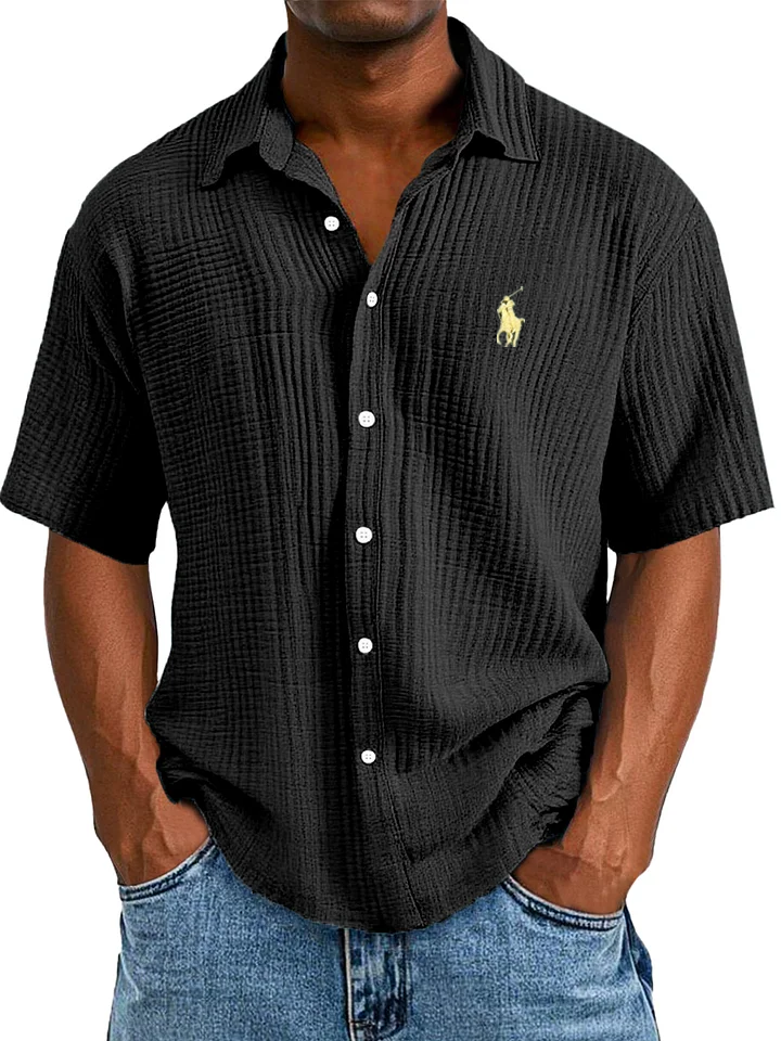Camisa masculina casual, solta e confortável, texturizada, de manga curta