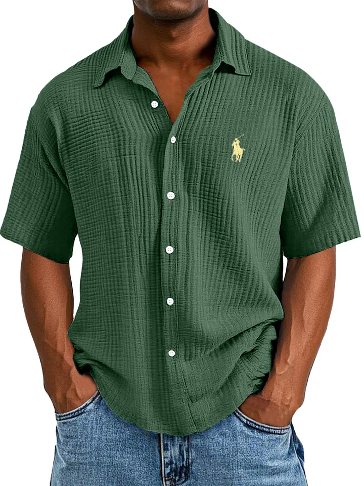 Camisa masculina casual, solta e confortável, texturizada, de manga curta