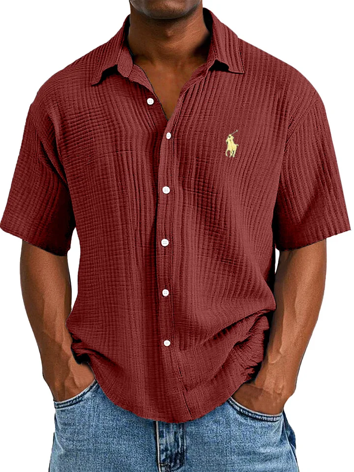 Camisa masculina casual, solta e confortável, texturizada, de manga curta