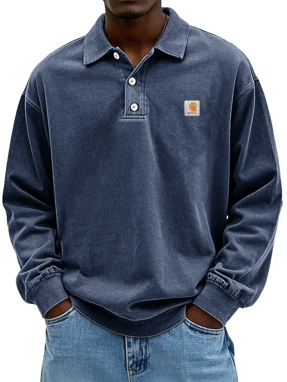 Men's fashion retro washed distressed cotton lapel long-sleeved Polo shirt