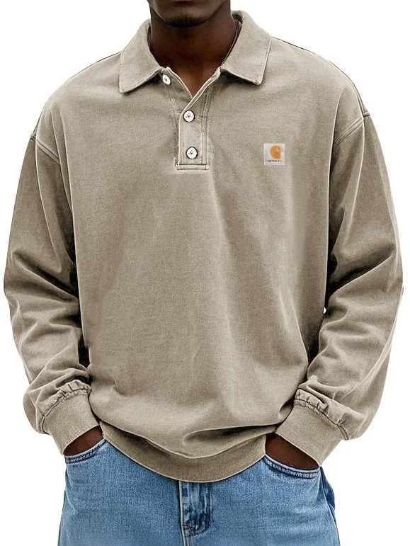 Men's fashion retro washed distressed cotton lapel long-sleeved Polo shirt