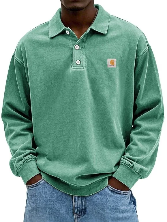Men's fashion retro washed distressed cotton lapel long-sleeved Polo shirt