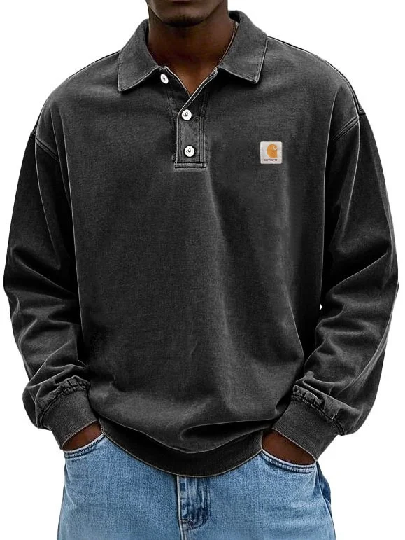 Men's fashion retro washed distressed cotton lapel long-sleeved Polo shirt