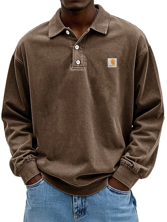 Men's fashion retro washed distressed cotton lapel long-sleeved Polo shirt
