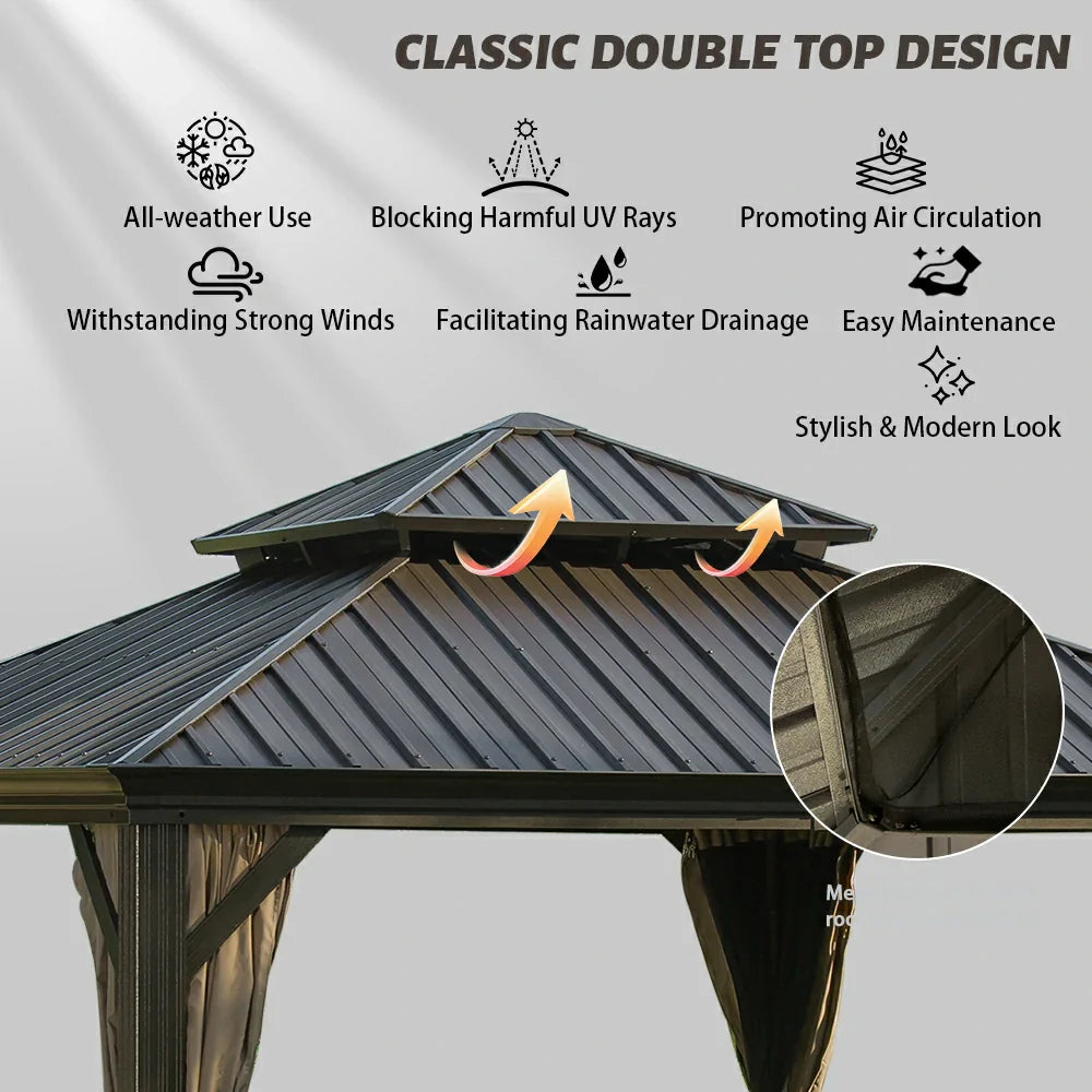 Galvanized Steel Hardtop Gazebo with Drainage Gutters