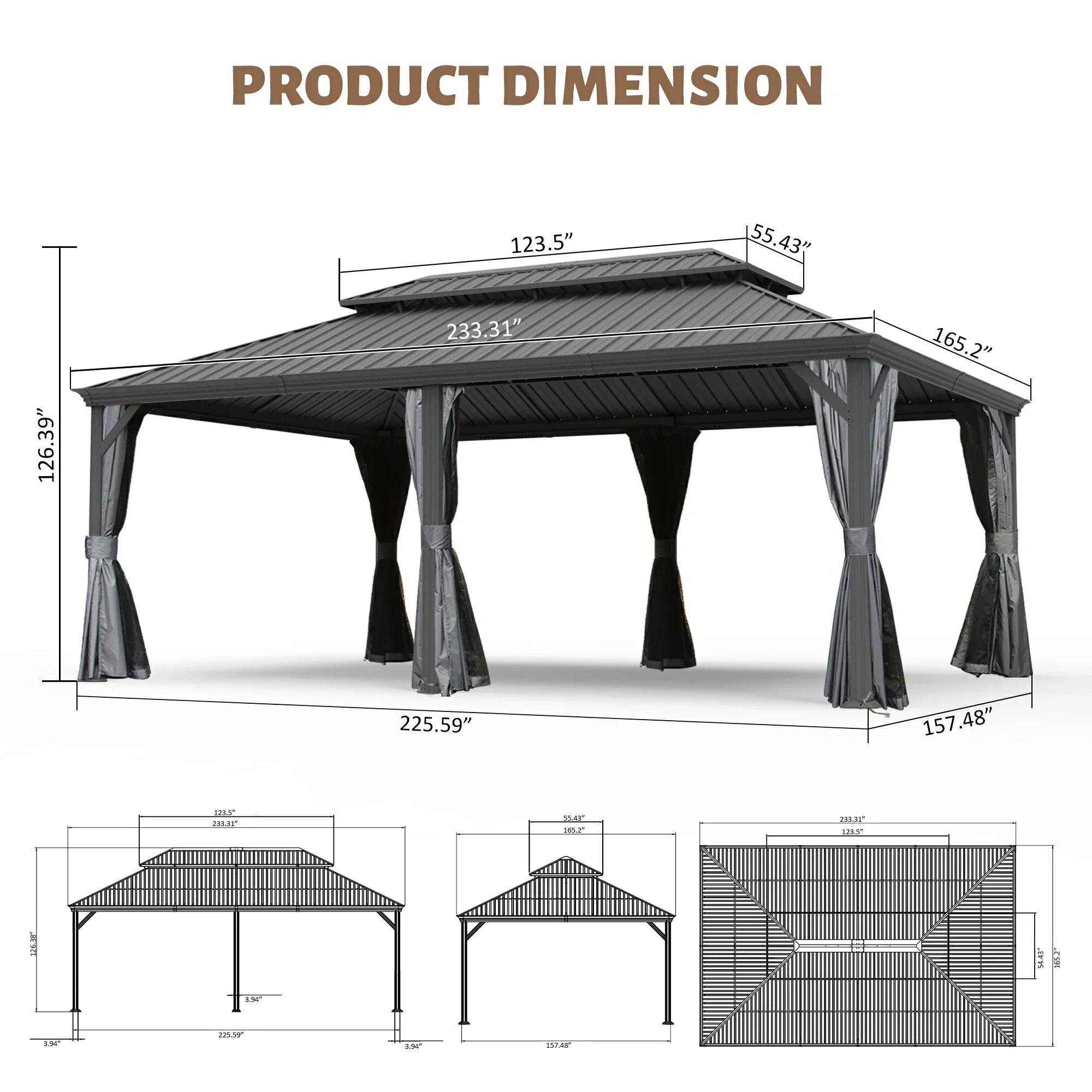 Galvanized Steel Hardtop Gazebo with Drainage Gutters