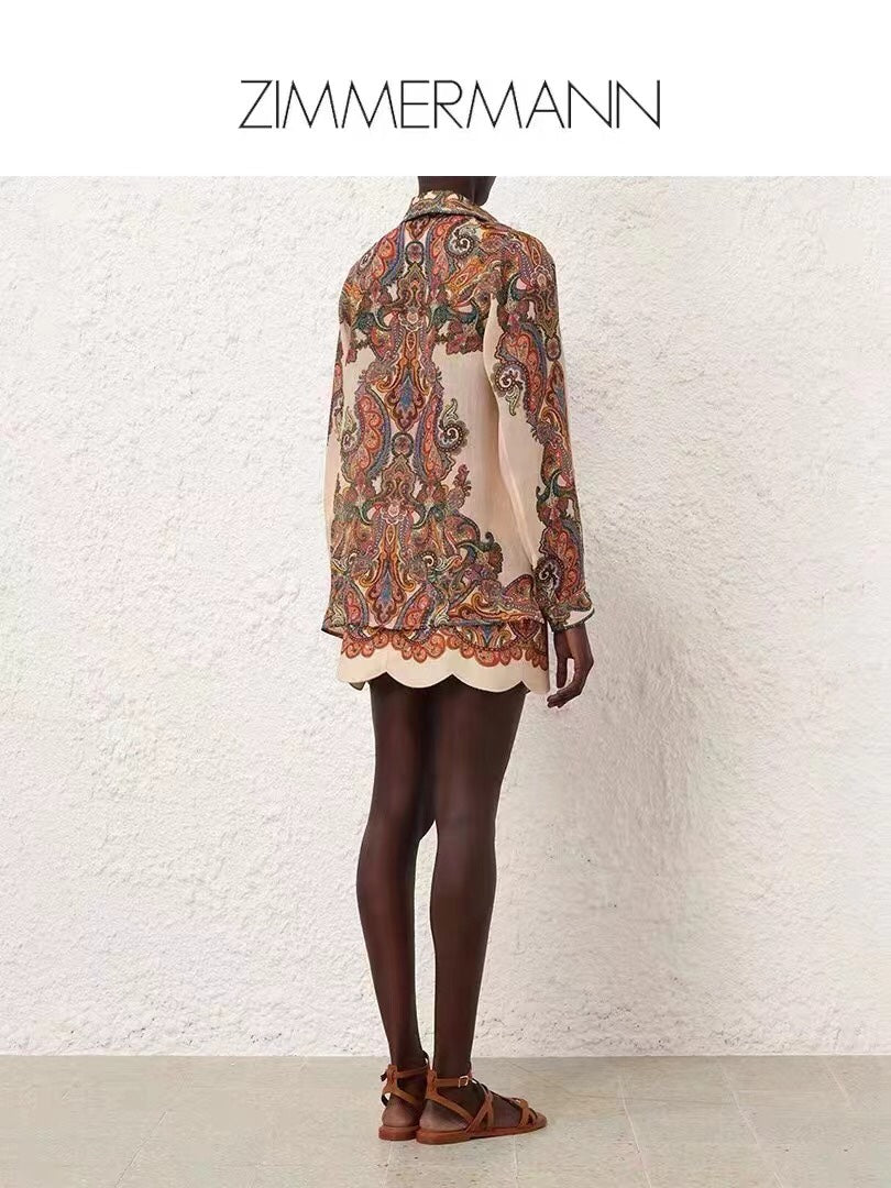 Zim** new suit, retro pattern printed long-sleeved shirt + wavy short skirt,