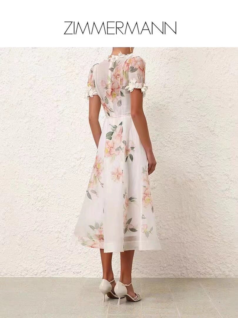 Zim** new three-dimensional flower decoration pink flower print tie waist short sleeve dress