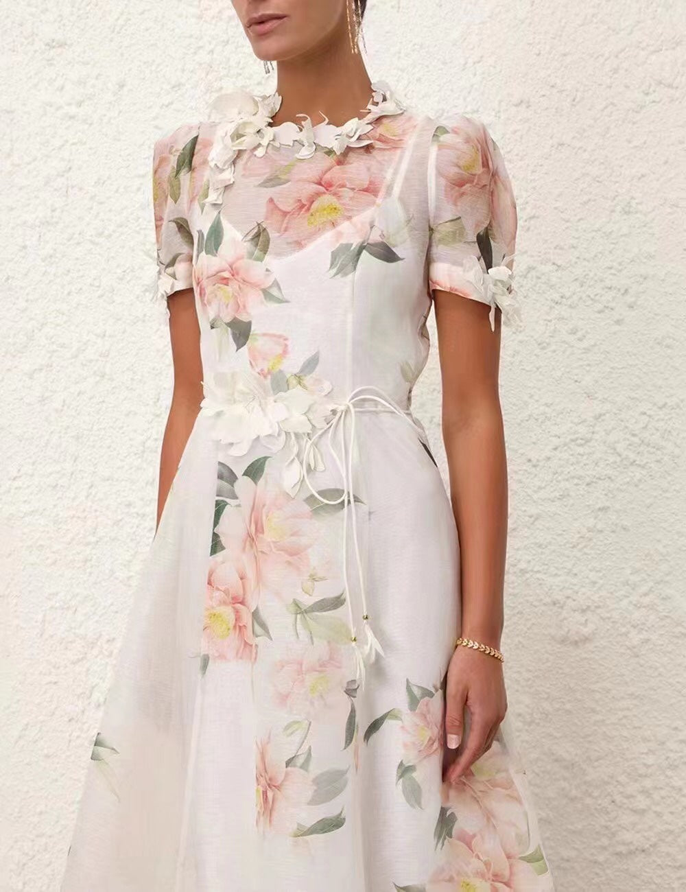 Zim** new three-dimensional flower decoration pink flower print tie waist short sleeve dress