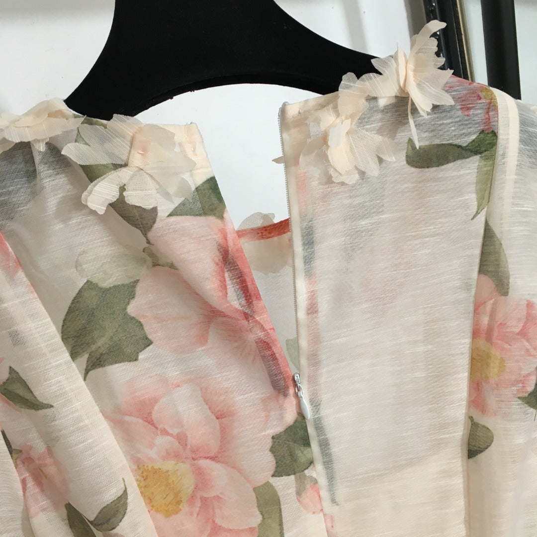 Zim** new three-dimensional flower decoration pink flower print tie waist short sleeve dress
