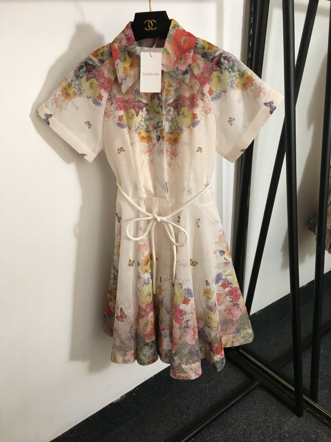 Zimmerma** new style colorful flower print tie waist lapel short sleeve dress