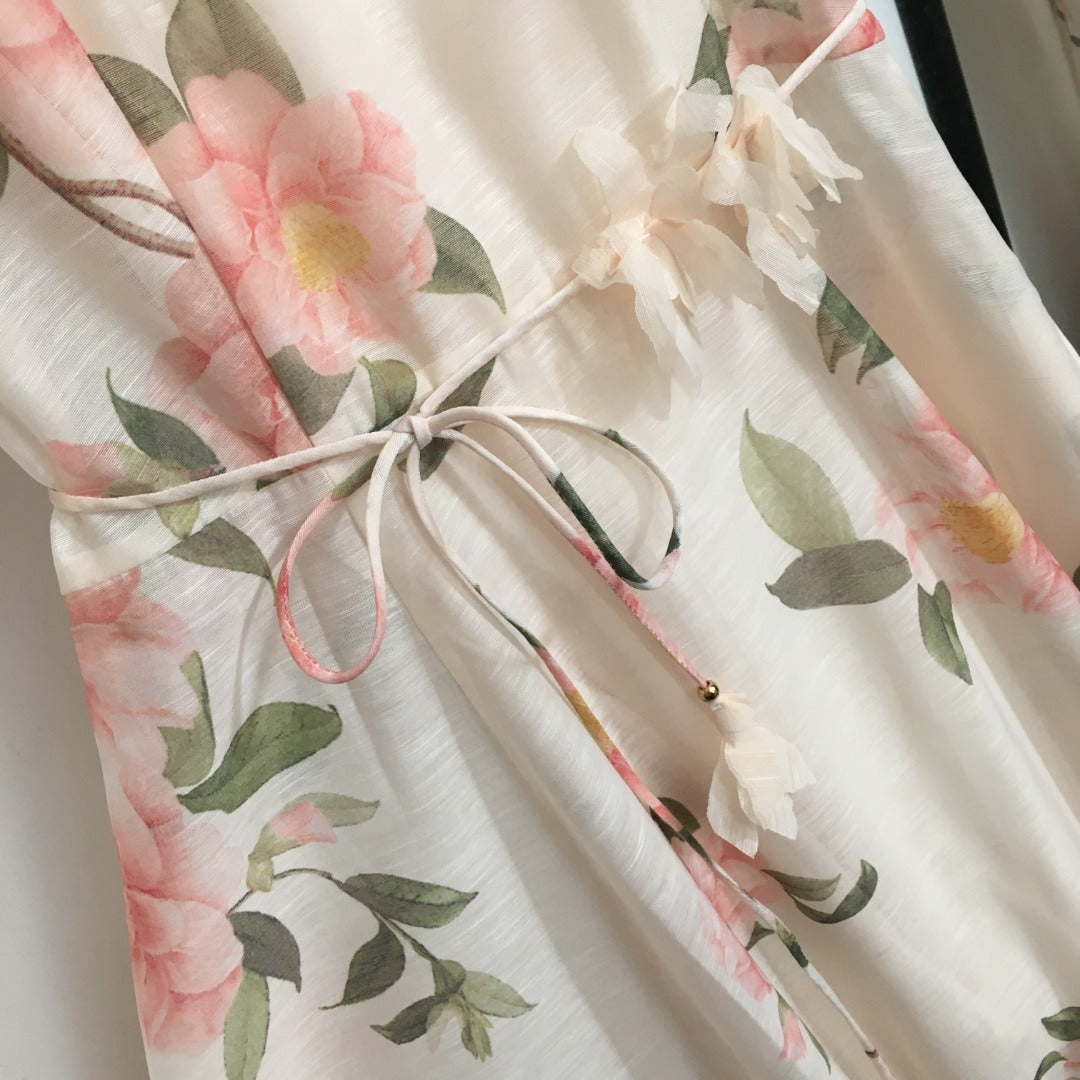 ZIM****-Three-dimensional flower decoration, pink flower print, short-sleeved dress with tie waist