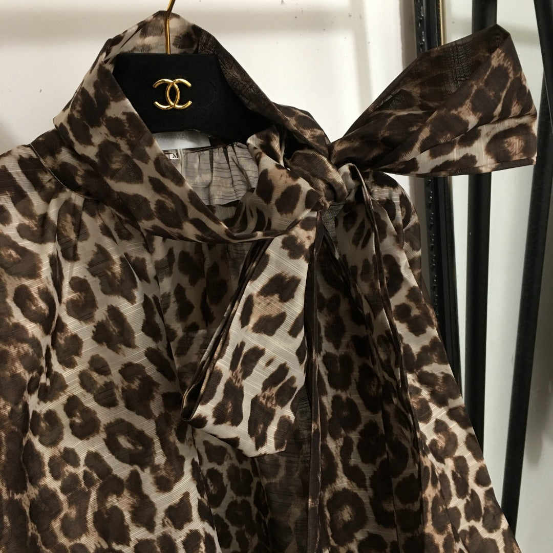 ZIM**** New Style Elegant Large Bow Tie Collar Leopard Print Lantern Long Sleeve Shirt Top, Coffee Color