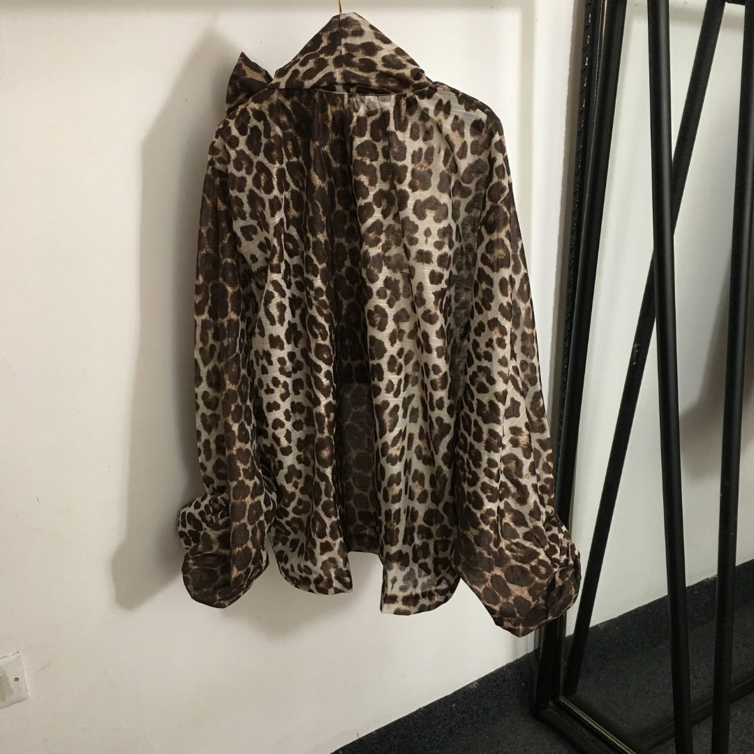 ZIM**** New Style Elegant Large Bow Tie Collar Leopard Print Lantern Long Sleeve Shirt Top, Coffee Color
