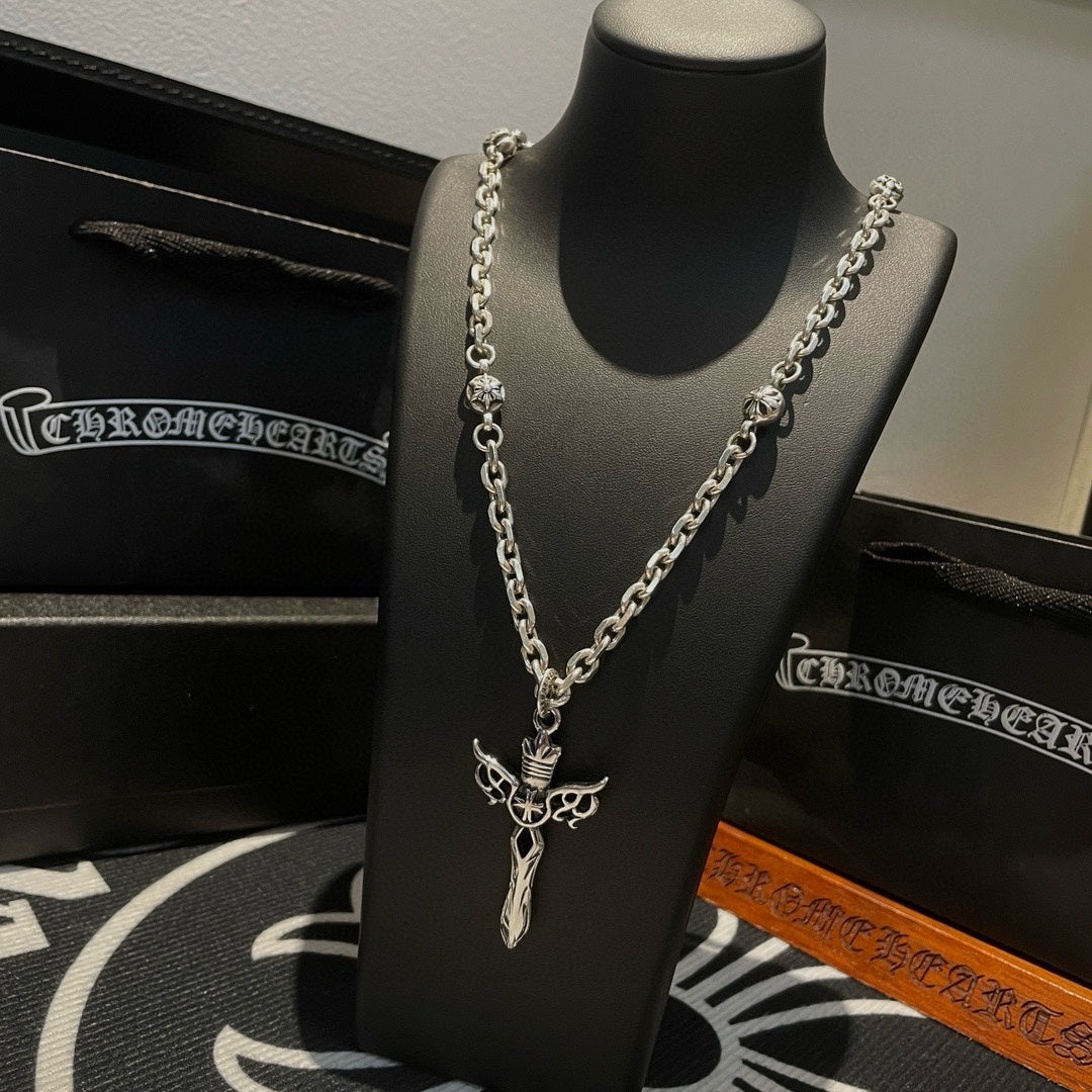 Chrome He**** Classic Retro Multi-element Necklace Cross Pendant